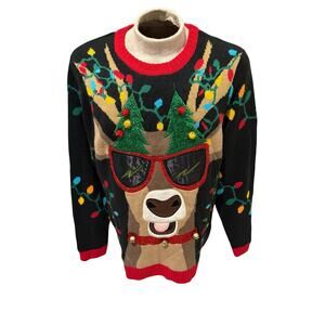 Holiday Time Reindeer Ugly Christmas Sweater 3D Lights Trees Bells Men’s L